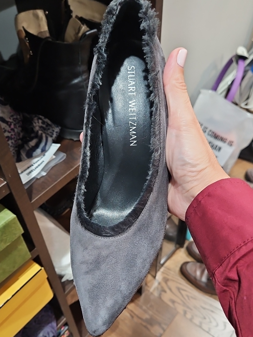 Stuart Weitzman Gray Suede Pointed Toe Pump with Fur Trim